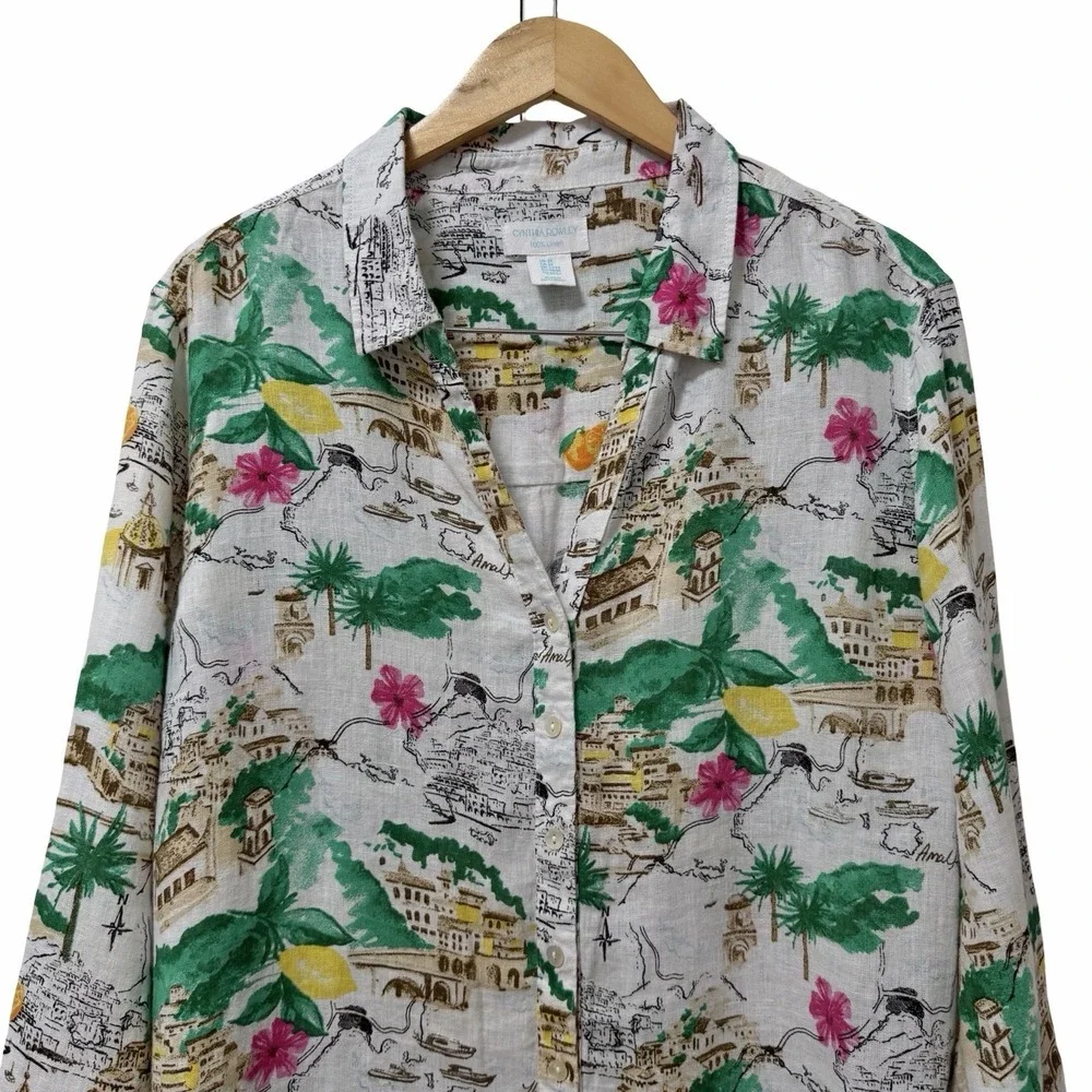 Cynthia Rowley Womens Linen Button Up Shirt Size 2X Green Italia Coast Travel